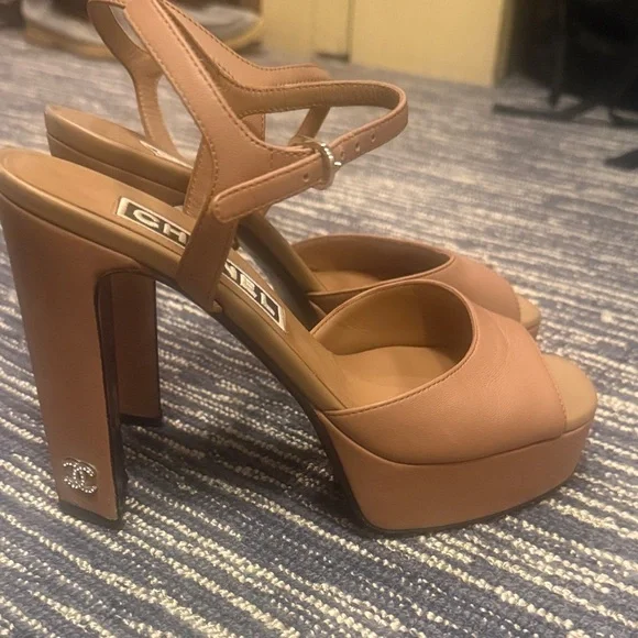 CHANEL Tan Leather Platform Sandals with Ankle Strap - Picture 7 of 9